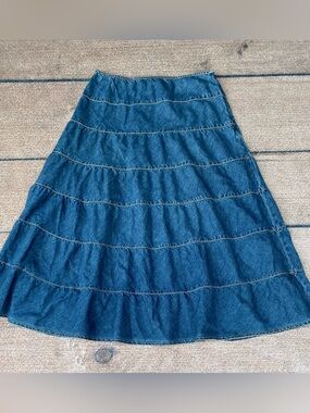 Lena Jeans vintage tiered denim ruffle Parisian western cowgirl maxi skirt lg